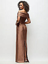 Rear View Thumbnail - Cognac Draped Wrap Off-the-Shoulder Satin Column Floral Maxi Dress
