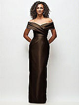Front View Thumbnail - Espresso Draped Wrap Off-the-Shoulder Satin Column Maxi Dress