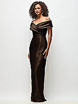 Side View Thumbnail - Espresso Draped Wrap Off-the-Shoulder Satin Column Maxi Dress