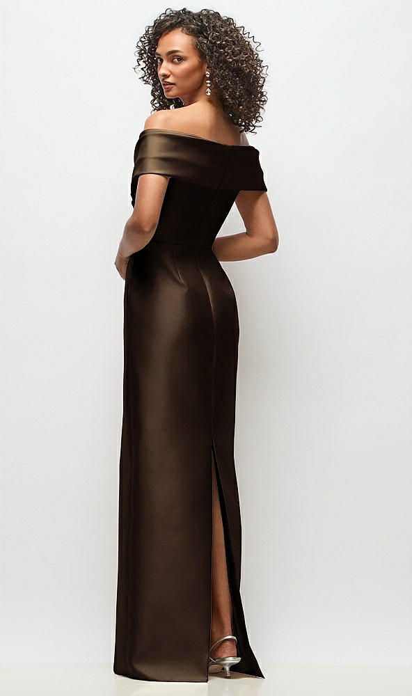 Back View - Espresso Draped Wrap Off-the-Shoulder Satin Column Maxi Dress