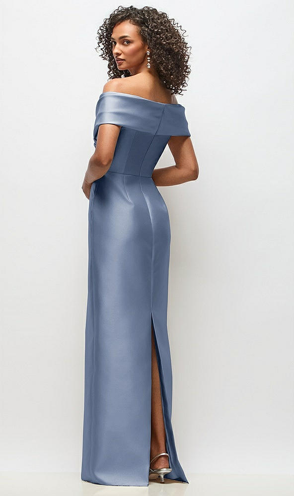 Back View - Larkspur Blue Draped Wrap Off-the-Shoulder Satin Column Floral Maxi Dress