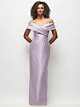 Front View Thumbnail - Lilac Haze Draped Wrap Off-the-Shoulder Satin Column Floral Maxi Dress