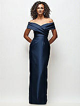 Front View Thumbnail - Midnight Navy Draped Wrap Off-the-Shoulder Satin Column Floral Maxi Dress