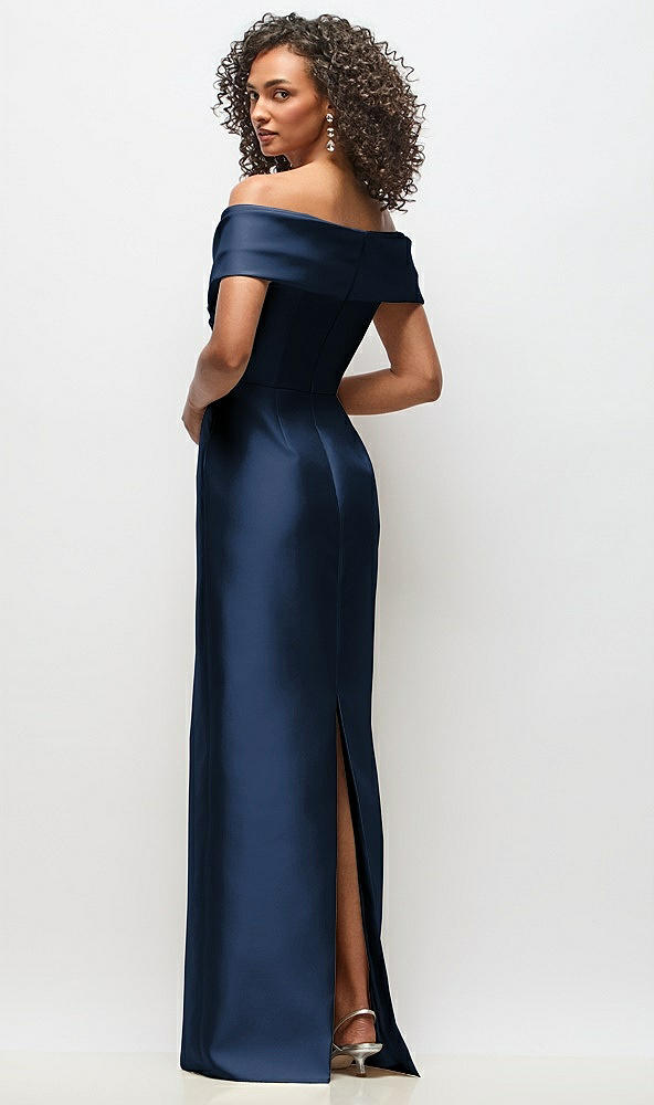 Back View - Midnight Navy Draped Wrap Off-the-Shoulder Satin Column Floral Maxi Dress
