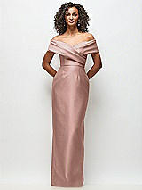 Front View Thumbnail - Neu Nude Draped Wrap Off-the-Shoulder Satin Column Floral Maxi Dress