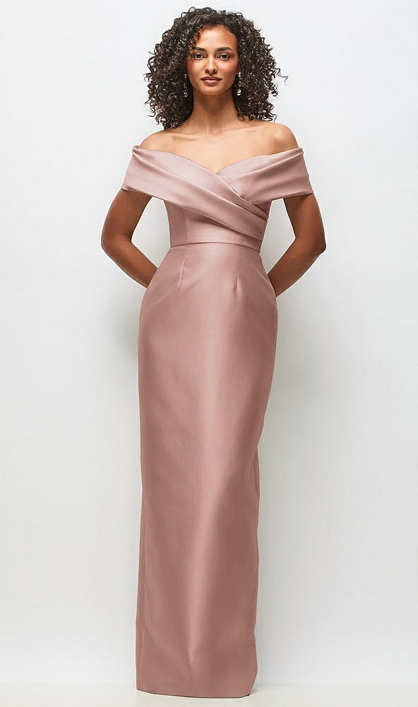Front View - Neu Nude Draped Wrap Off-the-Shoulder Satin Column Floral Maxi Dress