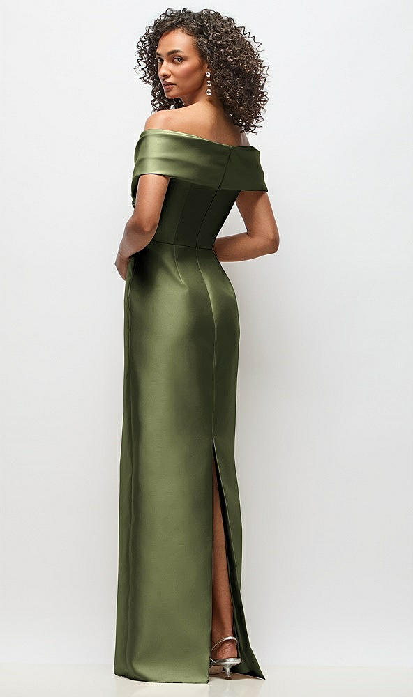 Back View - Olive Green Draped Wrap Off-the-Shoulder Satin Column Floral Maxi Dress