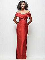 Front View Thumbnail - Poppy Red Draped Wrap Off-the-Shoulder Satin Column Floral Maxi Dress