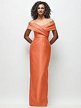 Front View Thumbnail - Portofino Orange Draped Wrap Off-the-Shoulder Satin Column Floral Maxi Dress