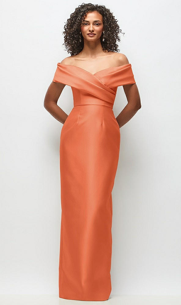 Front View - Portofino Orange Draped Wrap Off-the-Shoulder Satin Column Floral Maxi Dress