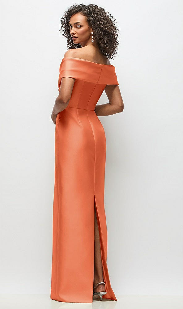 Back View - Portofino Orange Draped Wrap Off-the-Shoulder Satin Column Floral Maxi Dress