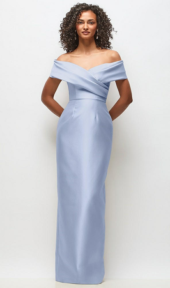 Front View - Sky Blue Draped Wrap Off-the-Shoulder Satin Column Floral Maxi Dress