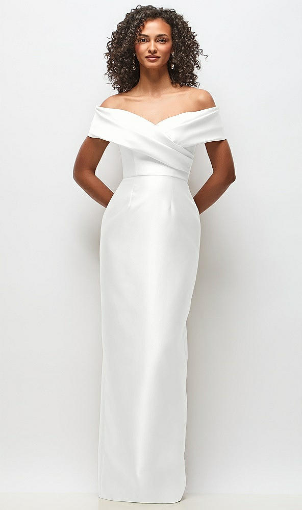 Front View - White Draped Wrap Off-the-Shoulder Satin Column Floral Maxi Dress