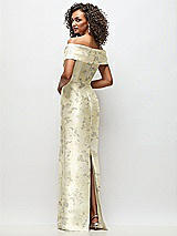 Rear View Thumbnail - Butter Yellow Floral Draped Wrap Off-the-Shoulder Satin Column Maxi Dress