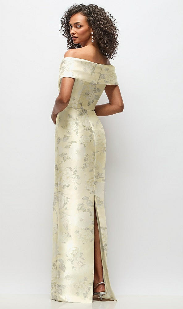Back View - Butter Yellow Floral Draped Wrap Off-the-Shoulder Satin Column Maxi Dress