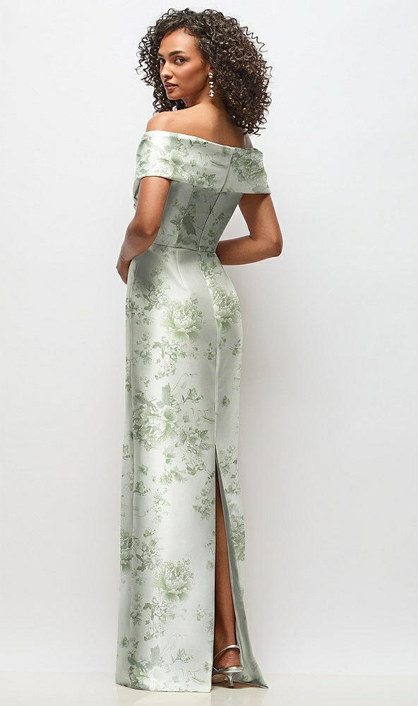 Back View - Sage Cottage Rose Draped Wrap Off-the-Shoulder Satin Column Maxi Dress