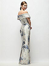 Rear View Thumbnail - Inkwash Blue Floral Draped Wrap Off-the-Shoulder Satin Column Maxi Dress