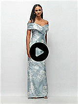 Video 1 Thumbnail - Inkwash Blue Floral Draped Wrap Off-the-Shoulder Satin Column Maxi Dress