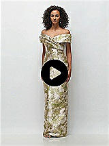 Video 1 Thumbnail - Peridot Blush Draped Wrap Off-the-Shoulder Abstract Floral Jacquard Column Maxi Dress