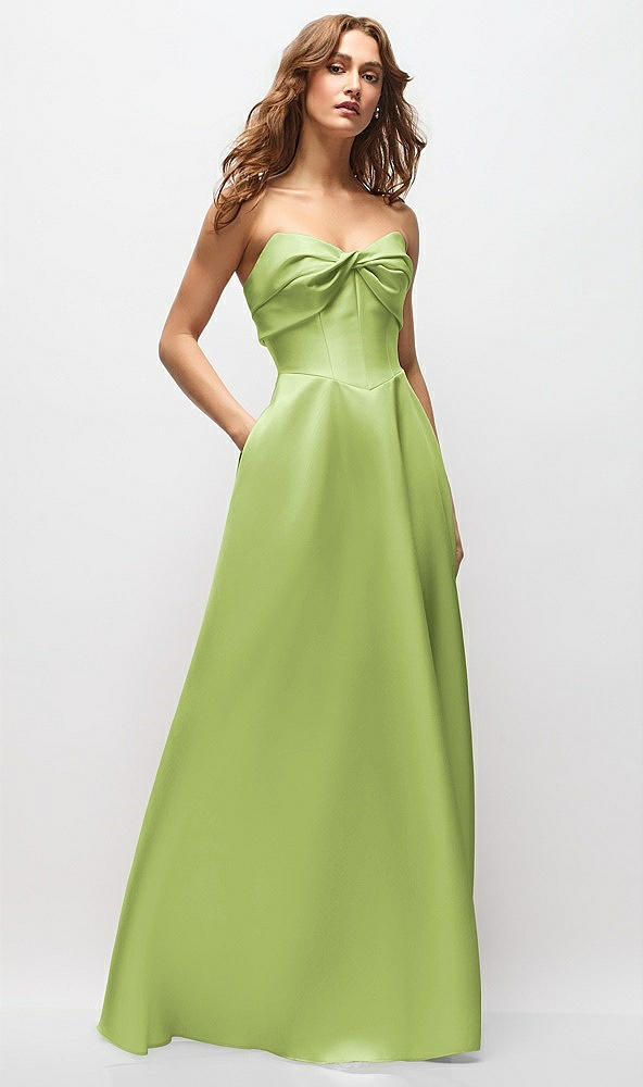 Front View - Mojito Strapless Twist Cuff Neck Satin Maxi Dress with Basque-Waist & Full Skirt