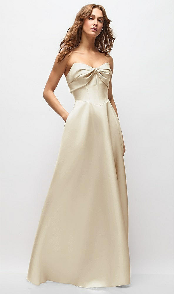 Front View - Champagne Strapless Twist Cuff Neck Satin Maxi Dress with Basque-Waist & Full Skirt