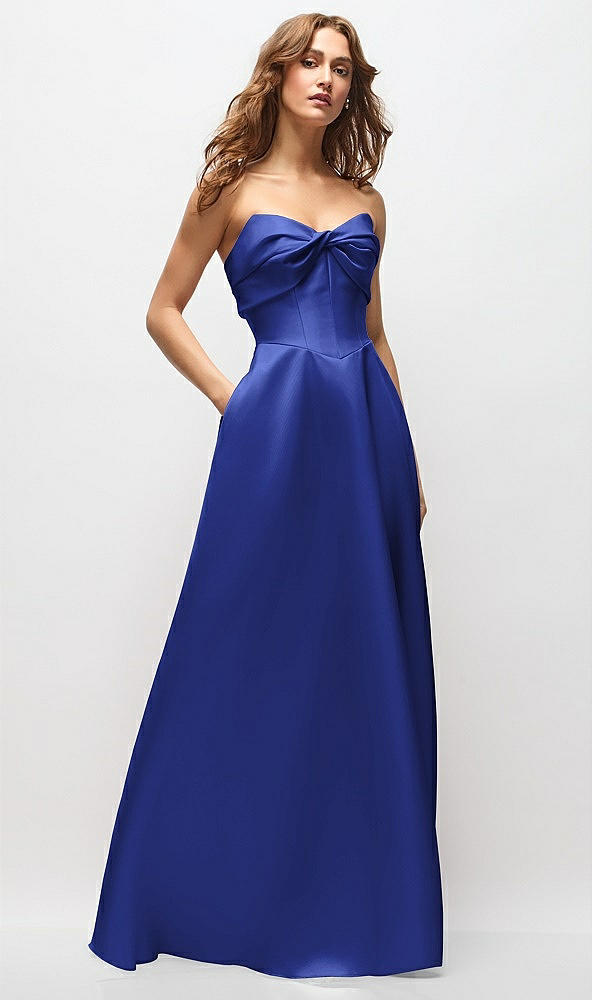 Front View - Cobalt Blue Strapless Twist Cuff Neck Satin Maxi Dress with Basque-Waist & Full Skirt