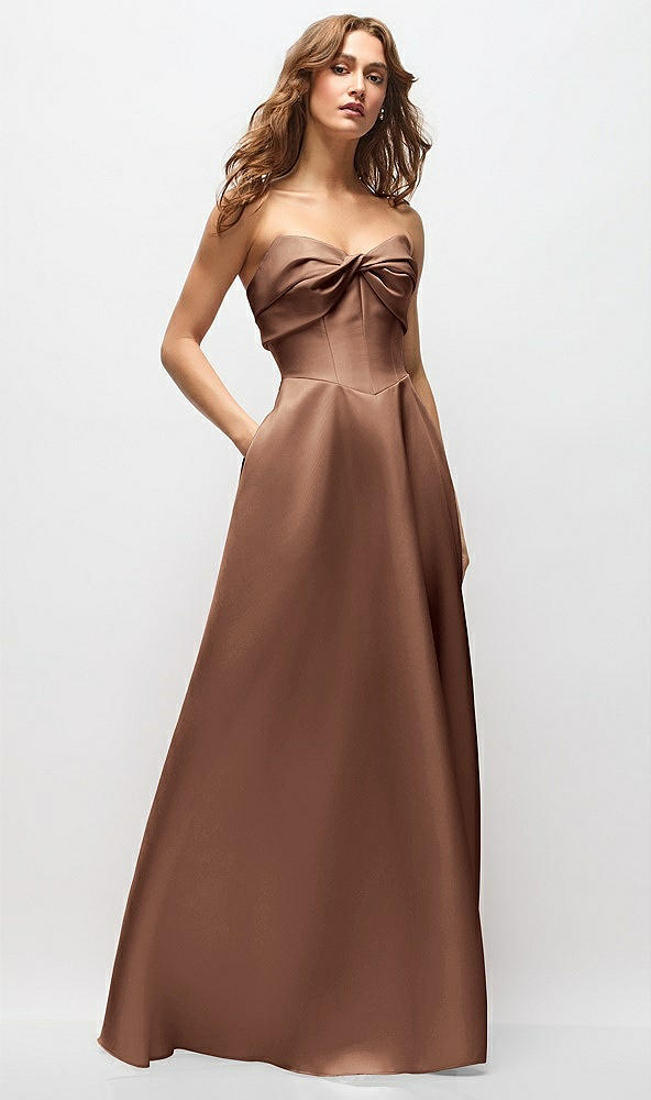 Front View - Cognac Strapless Twist Cuff Neck Satin Maxi Dress with Basque-Waist & Full Skirt
