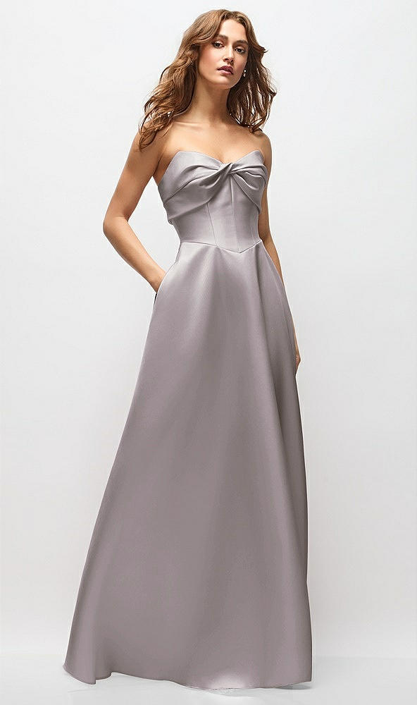 Front View - Cashmere Gray Strapless Twist Cuff Neck Satin Maxi Dress with Basque-Waist & Full Skirt