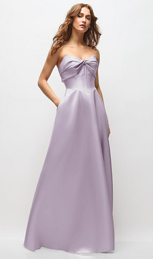 Front View - Lilac Haze Strapless Twist Cuff Neck Satin Maxi Dress with Basque-Waist & Full Skirt