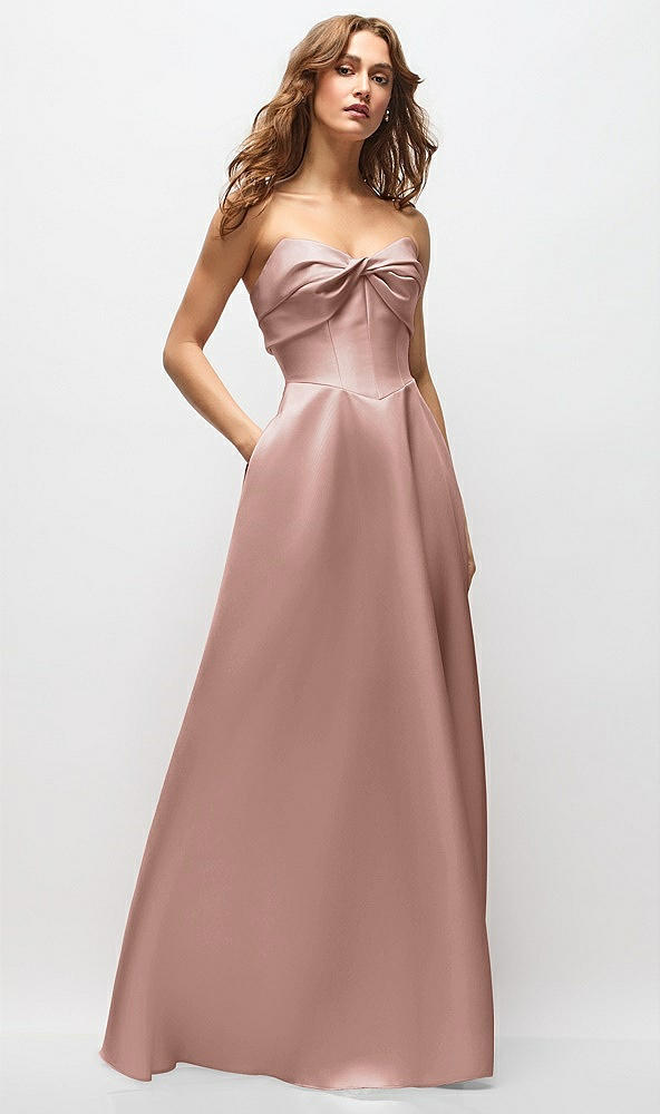 Front View - Neu Nude Strapless Twist Cuff Neck Satin Maxi Dress with Basque-Waist & Full Skirt