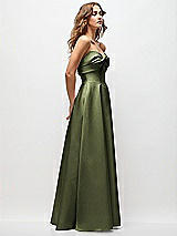 Side View Thumbnail - Olive Green Strapless Twist Cuff Neck Satin Maxi Dress with Basque-Waist & Full Skirt