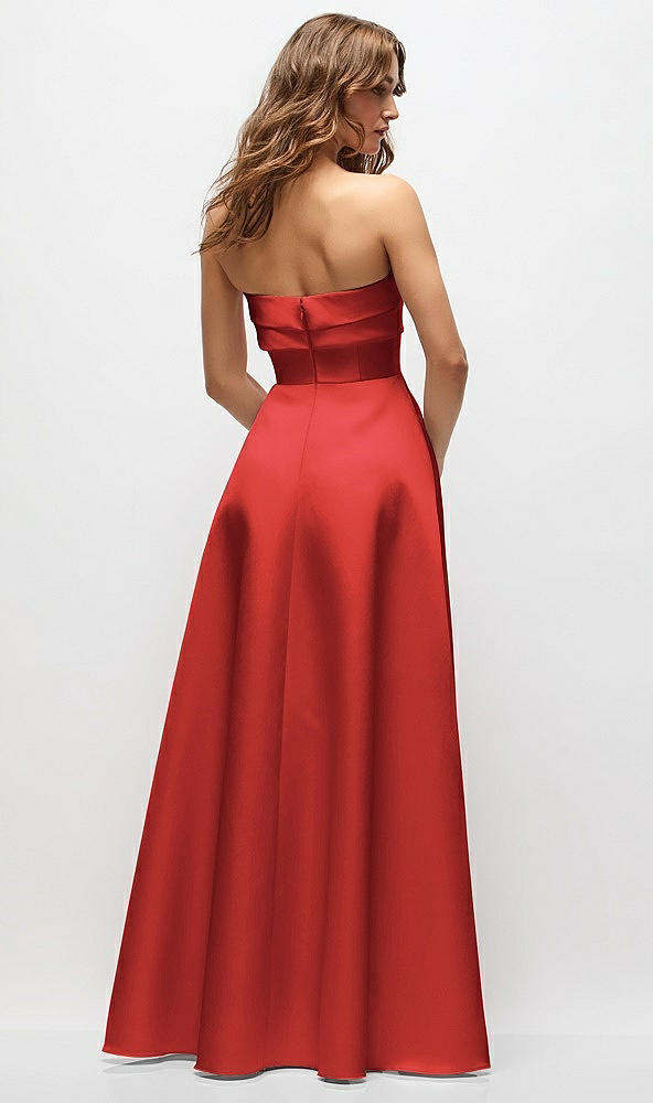 Back View - Poppy Red Strapless Twist Cuff Neck Satin Maxi Dress with Basque-Waist & Full Skirt