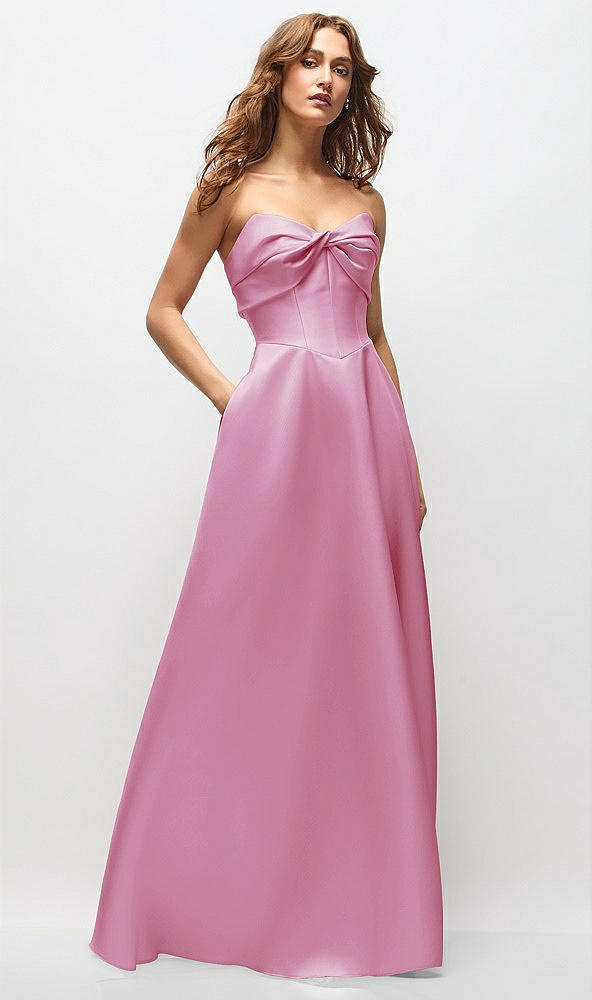 Front View - Powder Pink Strapless Twist Cuff Neck Satin Maxi Dress with Basque-Waist & Full Skirt