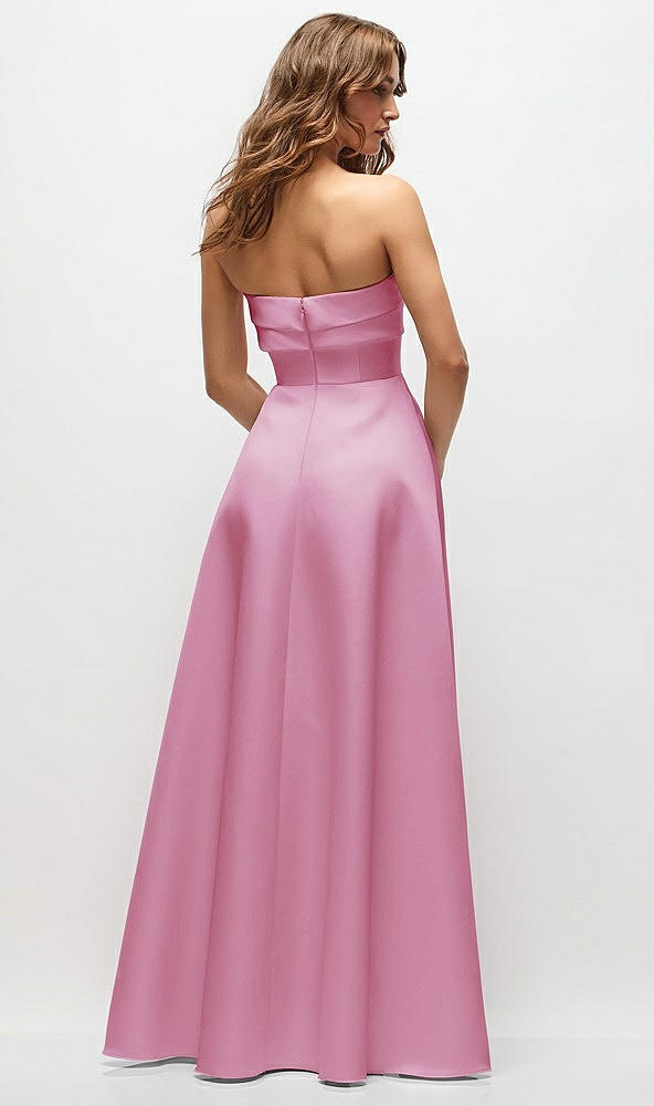 Back View - Powder Pink Strapless Twist Cuff Neck Satin Maxi Dress with Basque-Waist & Full Skirt