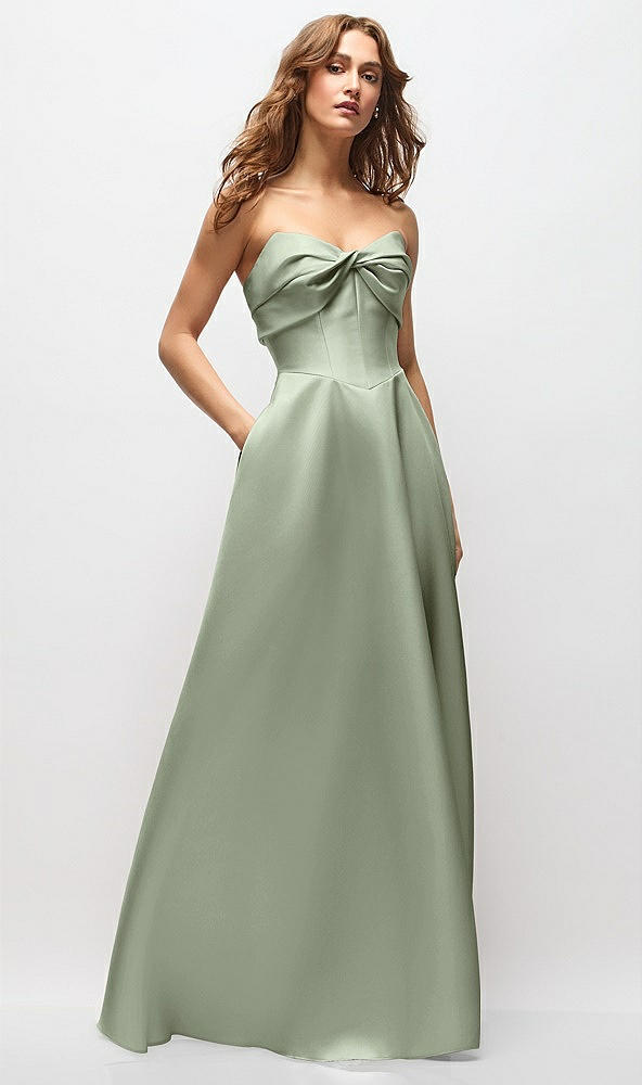 Front View - Sage Strapless Twist Cuff Neck Satin Maxi Dress with Basque-Waist & Full Skirt