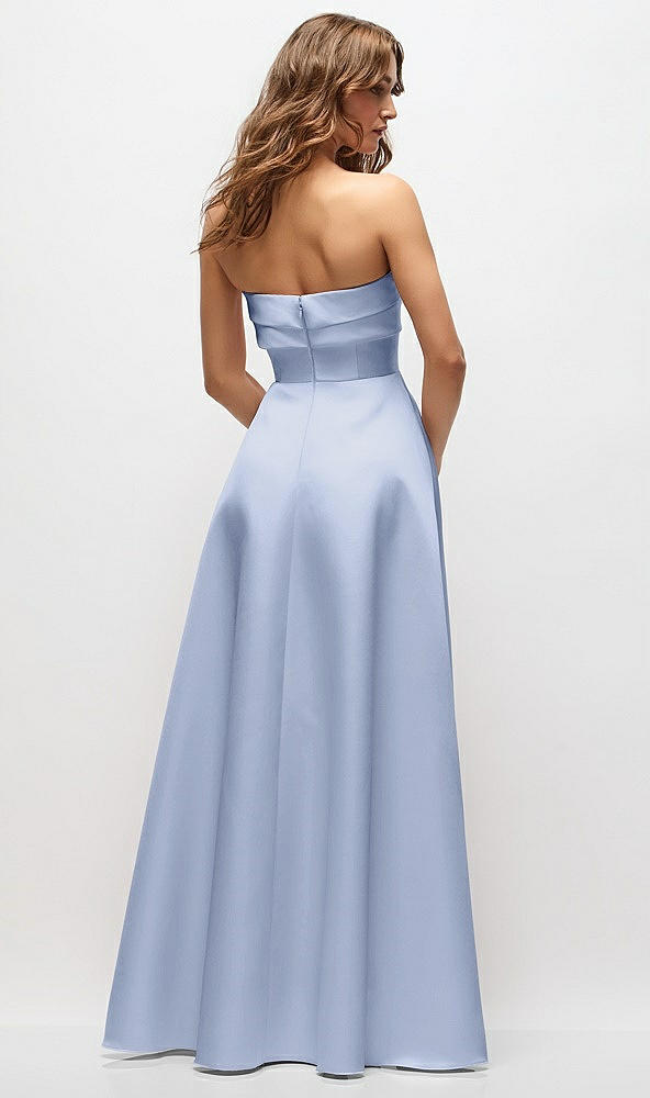 Back View - Sky Blue Strapless Twist Cuff Neck Satin Maxi Dress with Basque-Waist & Full Skirt