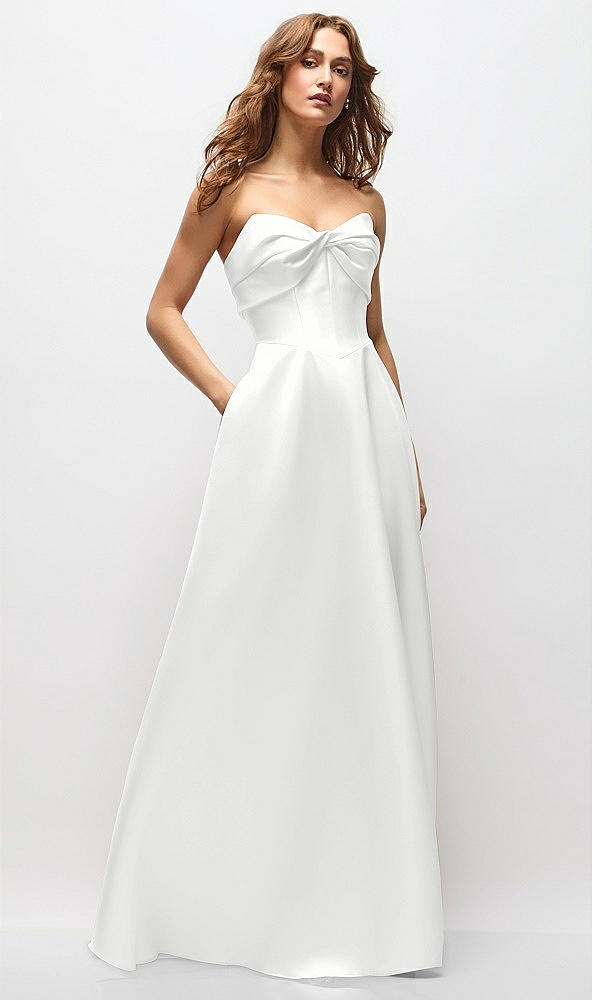 Front View - White Strapless Twist Cuff Neck Satin Maxi Dress with Basque-Waist & Full Skirt