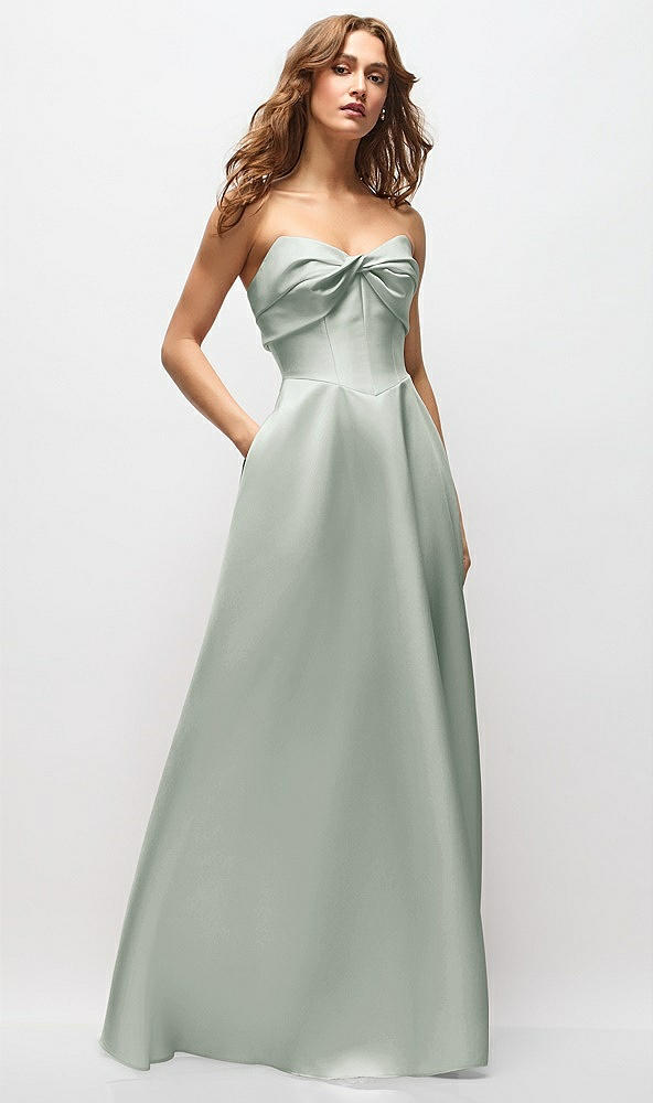 Front View - Willow Green Strapless Twist Cuff Neck Satin Maxi Dress with Basque-Waist & Full Skirt