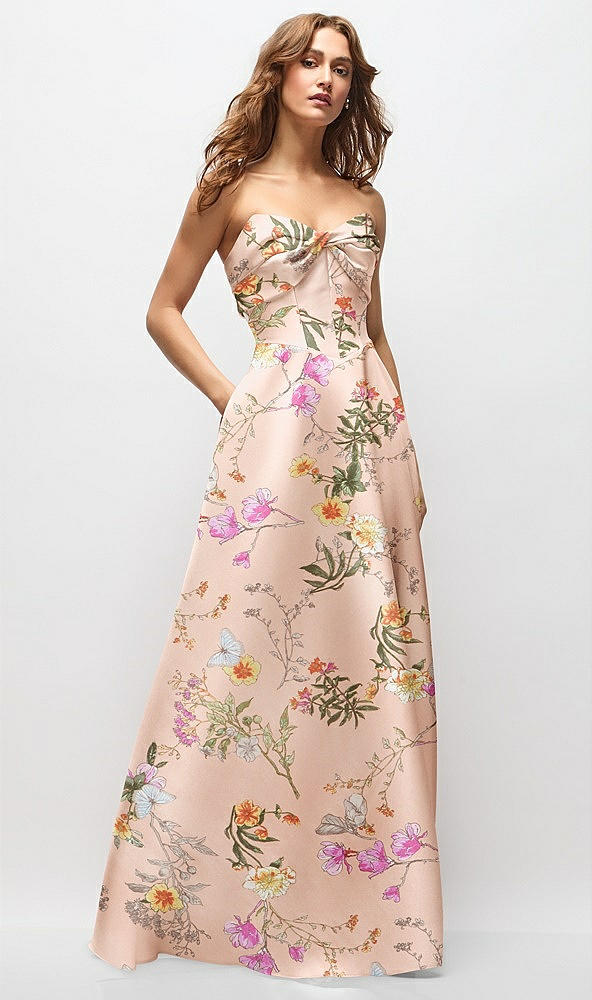 Front View - Butterfly Botanica Pink Sand Strapless Twist Cuff Neck Floral Satin Maxi Dress with Basque-Waist & Full Skirt