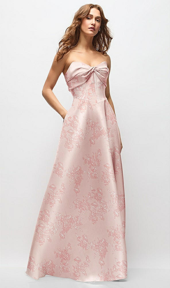 Front View - Bow And Blossom Print Strapless Twist Cuff Neck Floral Satin Maxi Dress with Basque-Waist & Full Skirt