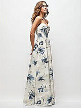 Side View Thumbnail - Inkwash Blue Floral Strapless Twist Cuff Neck Floral Satin Maxi Dress with Basque-Waist & Full Skirt