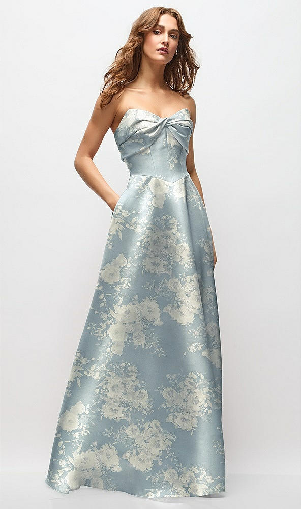 Front View - Porcelain Blue Seraphina Floral Strapless Twist Cuff Neck Floral Satin Maxi Dress with Basque-Waist & Full Skirt