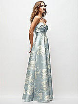 Side View Thumbnail - Porcelain Blue Seraphina Floral Strapless Twist Cuff Neck Floral Satin Maxi Dress with Basque-Waist & Full Skirt
