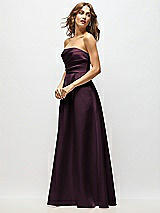 Side View Thumbnail - Deep Plum Strapless Hand-Pleated Bodice Satin Maxi Dress with Full Pleated Skirt