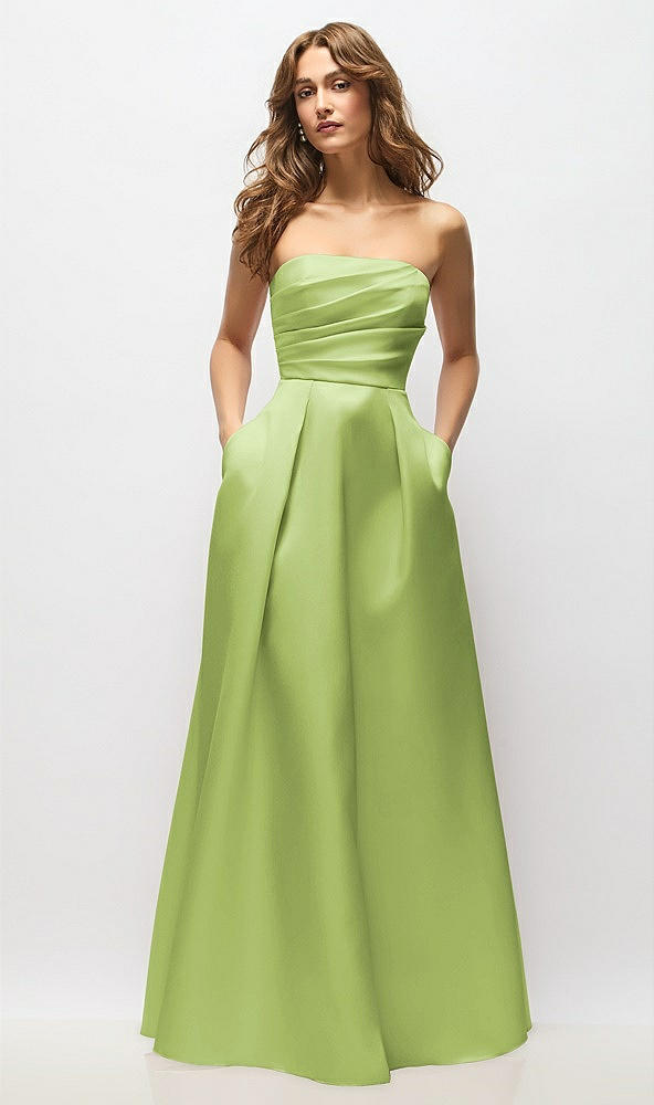 Front View - Mojito Strapless Hand-Pleated Bodice Satin Maxi Dress with Full Pleated Skirt
