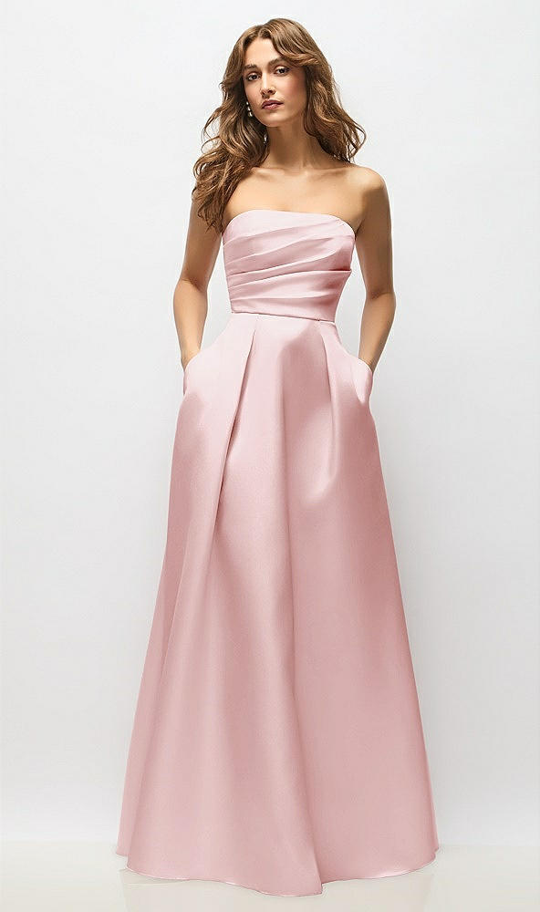 Front View - Ballet Pink Strapless Hand-Pleated Bodice Satin Maxi Dress with Full Pleated Skirt
