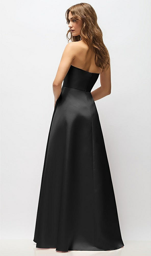 Back View - Black Strapless Hand-Pleated Bodice Satin Maxi Dress with Full Pleated Skirt