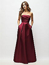 Front View Thumbnail - Cabernet Strapless Hand-Pleated Bodice Satin Maxi Dress with Full Pleated Skirt
