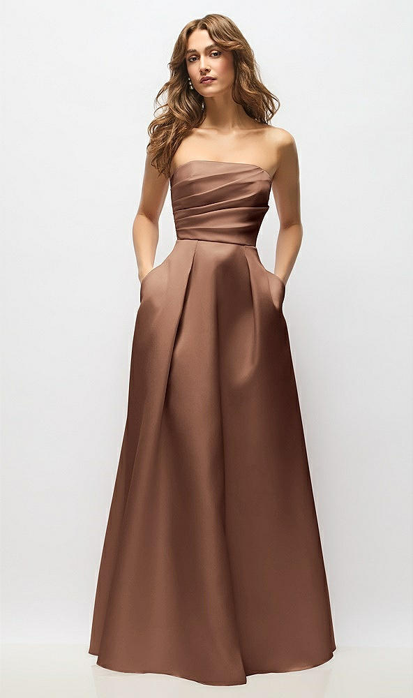 Front View - Cognac Strapless Hand-Pleated Bodice Satin Maxi Dress with Full Pleated Skirt