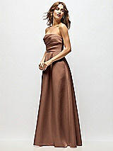 Side View Thumbnail - Cognac Strapless Hand-Pleated Bodice Satin Maxi Dress with Full Pleated Skirt
